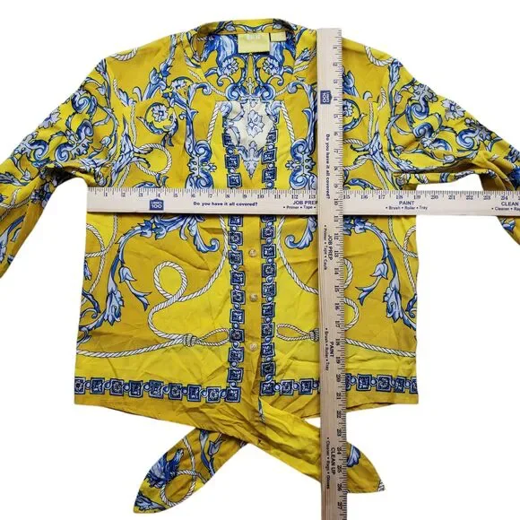 Anthropologie Maeve Elan Scarf Print Blouse 0 Yellow Horse Tie Front Equestrian - Picture 11 of 15
